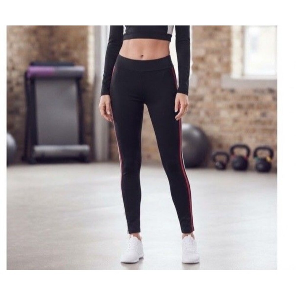 Zara Black Athletic Leggings Red White Side Stripe Sz M Gym Yoga Stretchy Pants